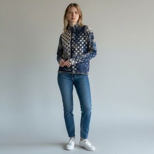 Cividini – Wool Polka Dot Mock Neck Sweater – Blue/Beige Artisanal Print